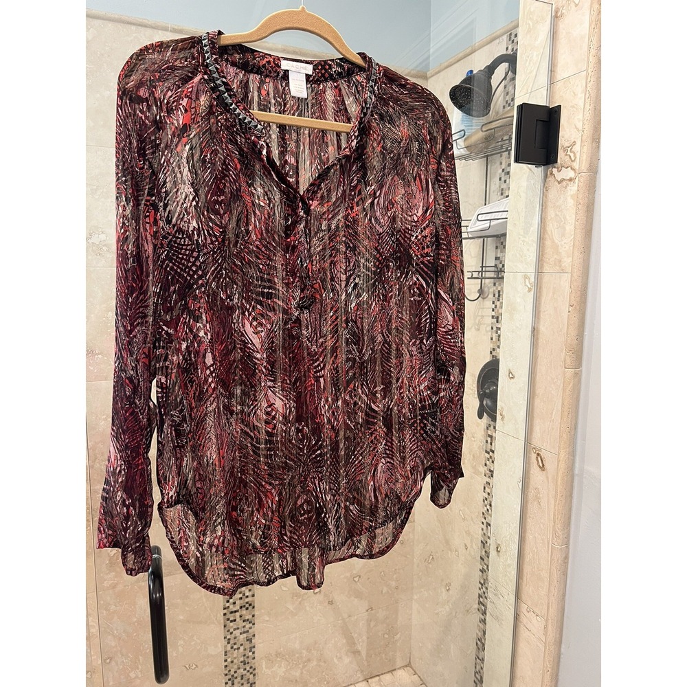 CACHE  Blouse Studded SMALL red tan  Print Sheer Shirt Top